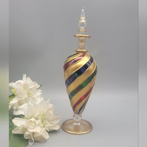Vintage Handblown Glass Egyptian Perfume Bottle, 21K Gold Vanity Decor